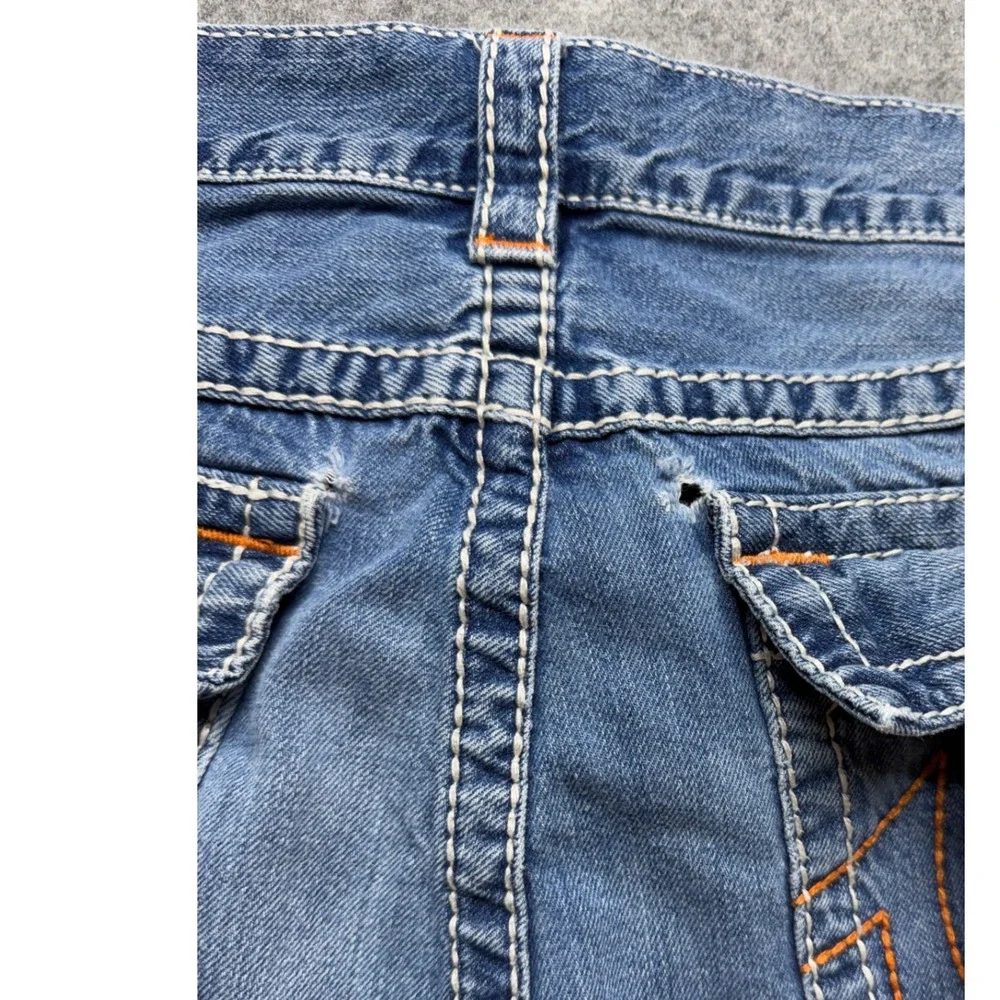 True Religion Skinny Leg Jeans Mens 42 Blue Whiskering Denim Thick Stitch Y2K